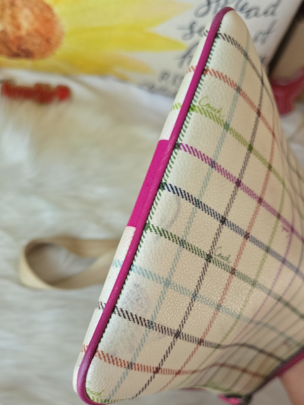 Coach Tattersall Cream Plaid Crossbody Bag with Pink Trim - Picture 10 of 13